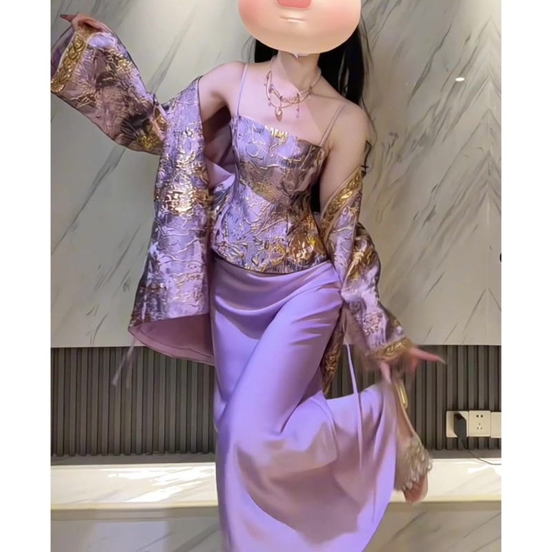 新中式国风套装超好看复古紫色雕花外套吊带半裙三件套秋|undefined