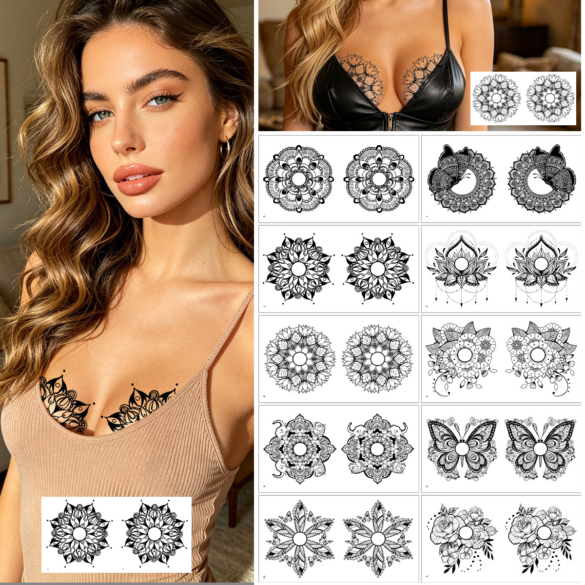 New Cross-Border Sexy Nipple Tattoo Stickers, Butterfly Chest Stickers, Temporary Tattoo Stickers, Mandala High-End Tattoo Stickers