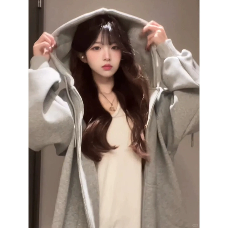 Серая толстовка-куртка для женщин, весна 2025, новая женская весенняя куртка с капюшоном, ранняя весна, корейский стиль, ленивый стиль, нишевая одежда