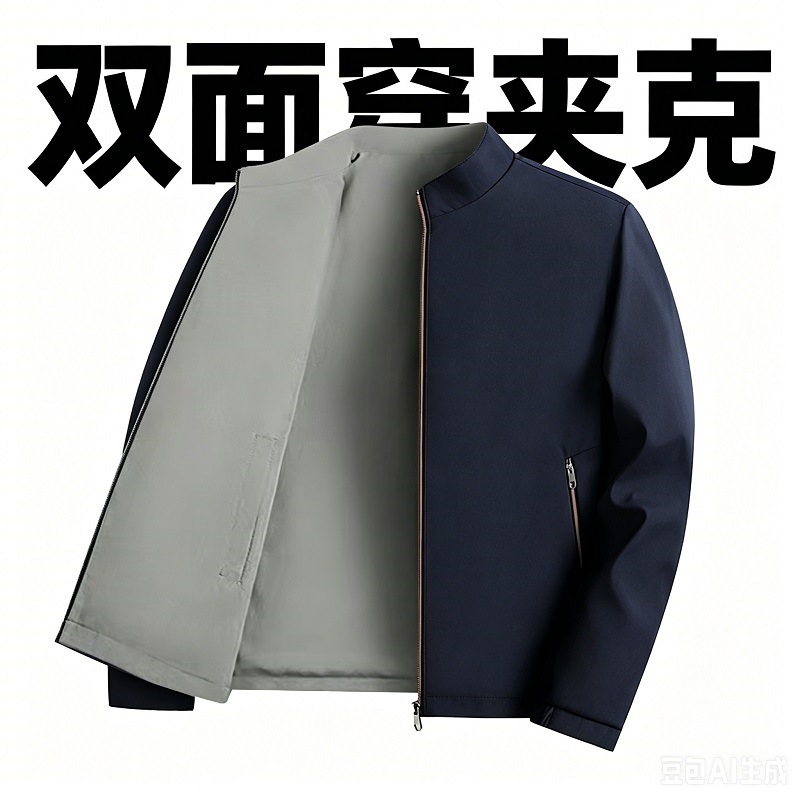 Reversible stand-up collar jacket for middle-aged and elderly men, available in multiple colors, loose fit, versatile for spring and autumn.