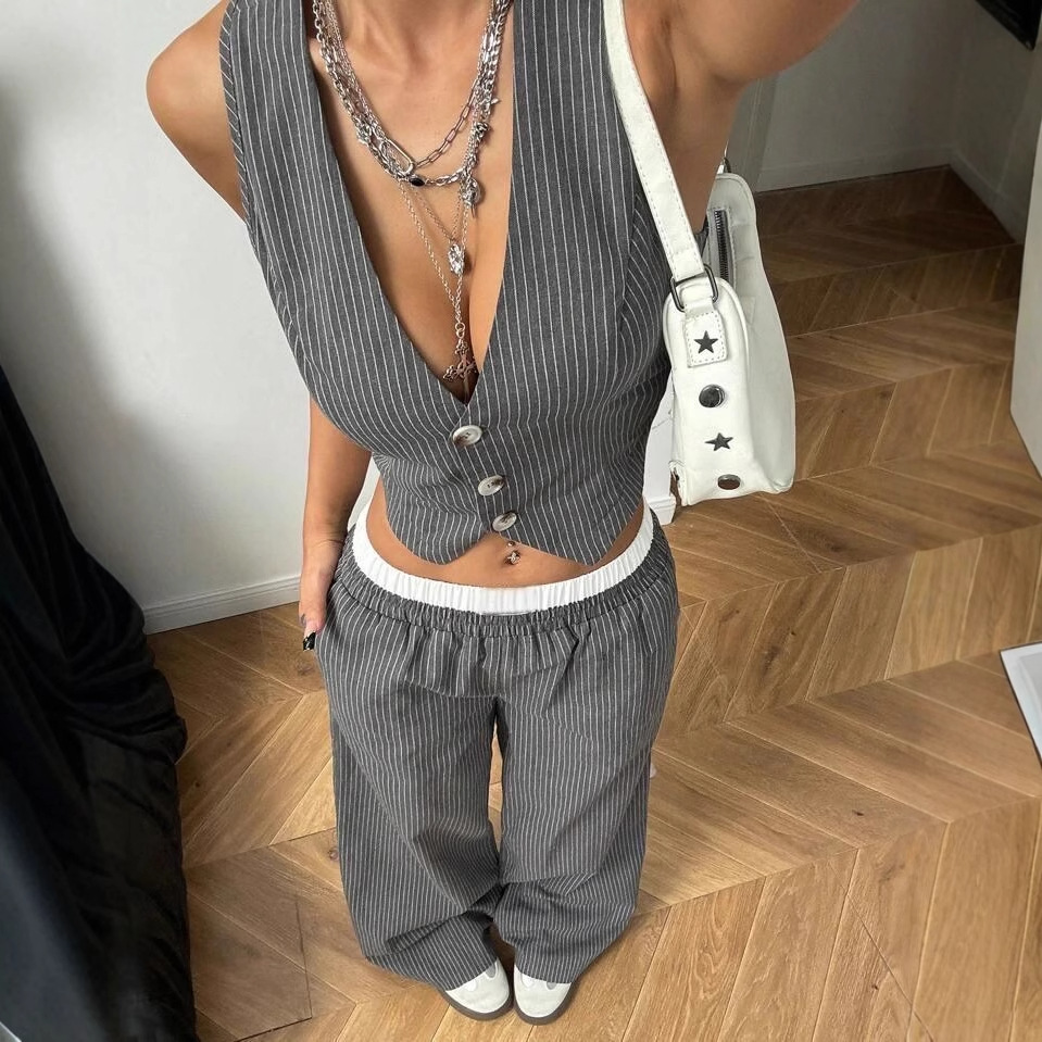2025 Europe and America Amazon cross-border foreign trade women's new fashion commuter temperament striped vest suit pants