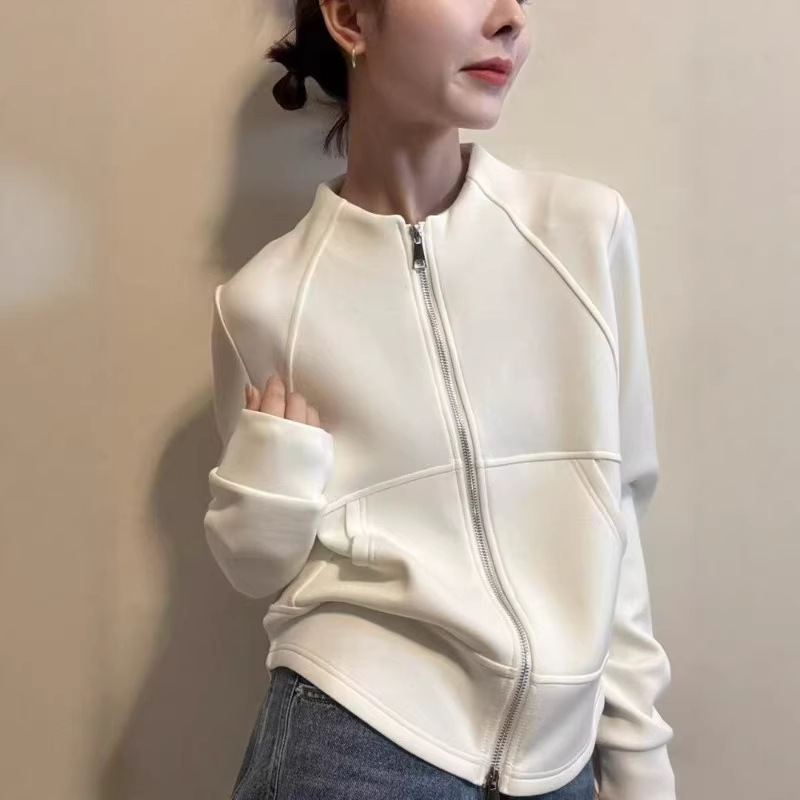 European-Style Design Stand Collar Patchwork Double Zipper Cardigan Sweatshirt for Women, White Loose Fit Slimming Versatile Short Jacket Top