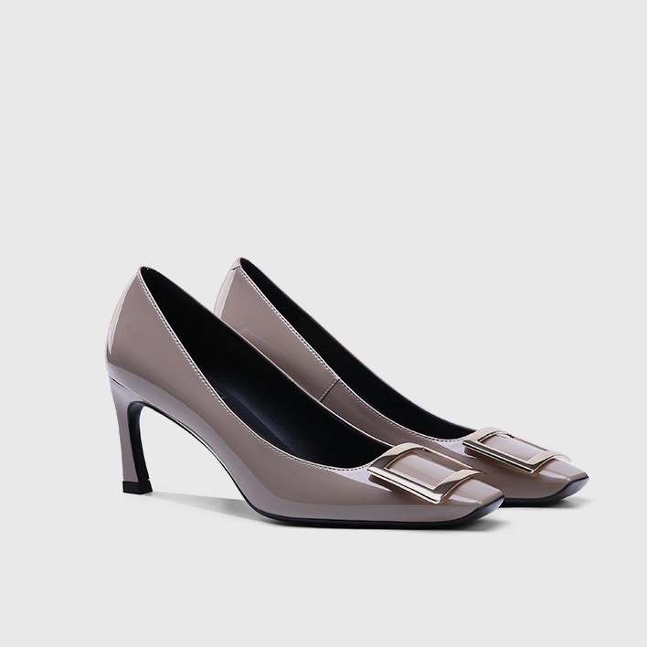 Dropshipping Rv Square-Toe Square-Buckle High Heels with Metal Square Buckle Low-Top Shoes for Women, Suitable for Office and Commuting