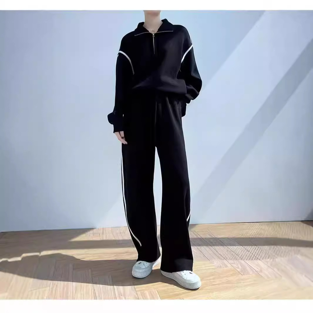 유럽 역 가을과 겨울 새로운 올 매치 지퍼 높은 목 땀 높은 허리 바지 느슨한 블랙 캐주얼 스포츠 세트 여성