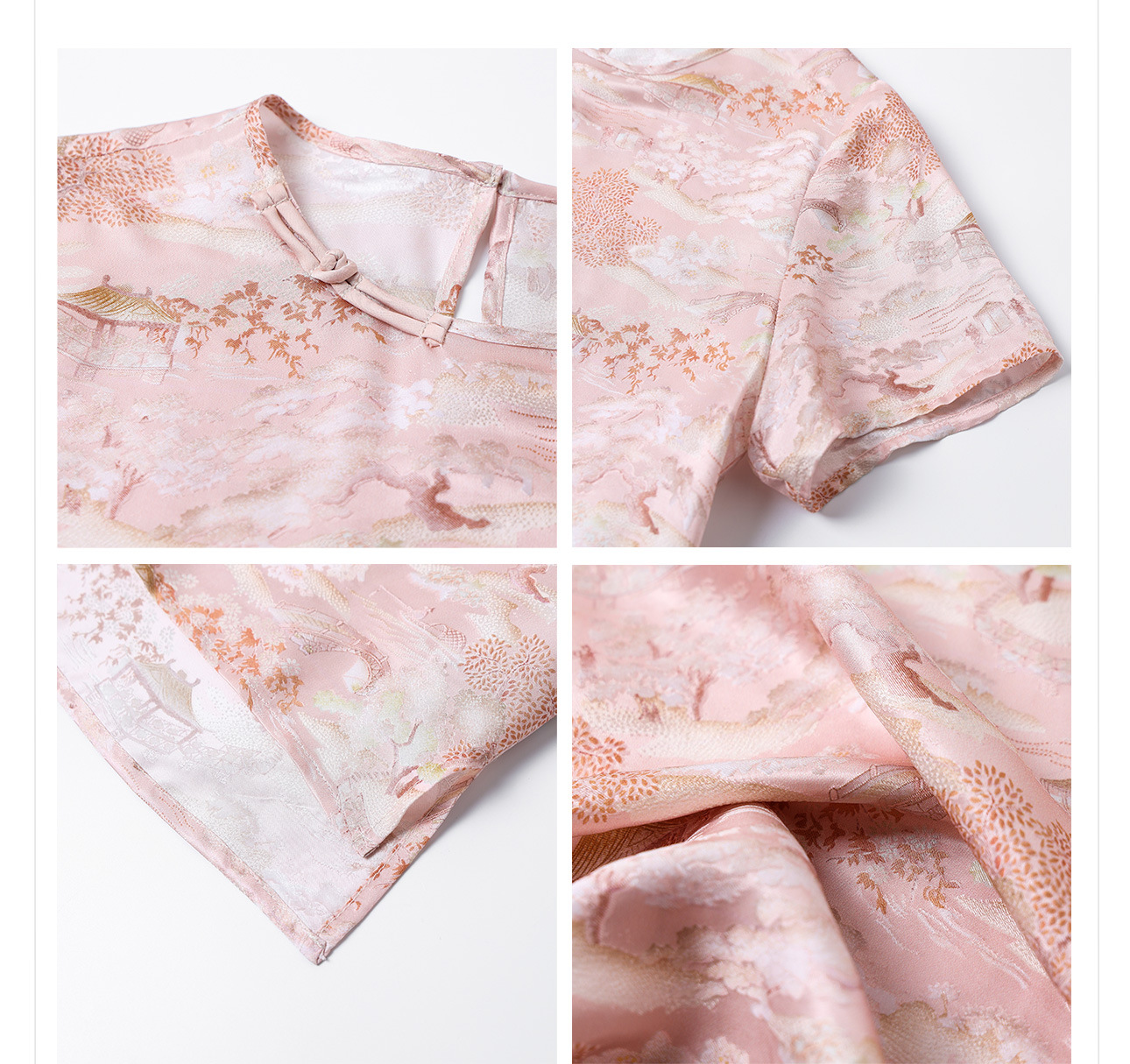 Áo thun cổ tròn tay ngắn phong cách Tân Trung Hoa đính khuy vải, chất liệu lụa tơ tằm jacquard — Màu hồng, màu mơ chi tiết 10