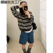 条纹复古翻领套头针织衫羊毛衫毛衣女装韩版休闲百搭