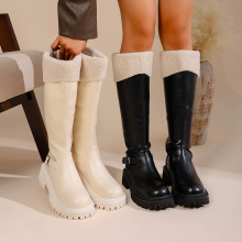 43码毛毛翻边长靴女2025秋冬新款韩版皮带扣厚底骑士靴保暖高筒靴