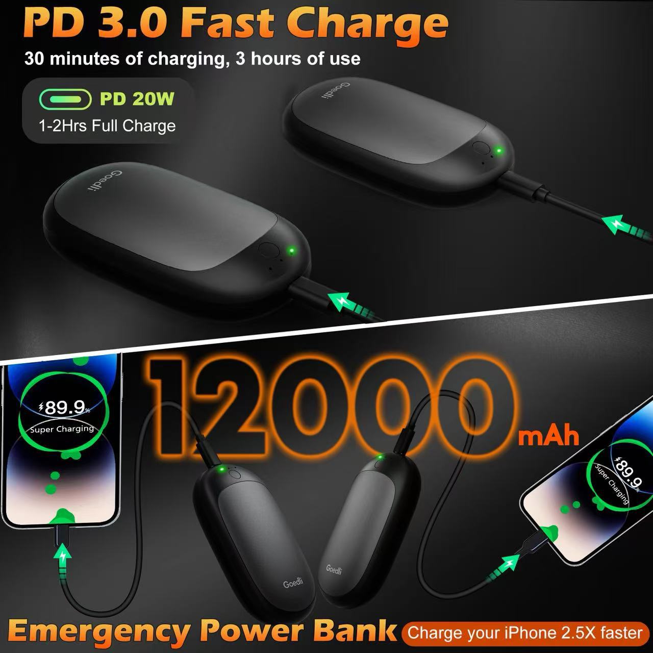 휴대용 충전식 손난로 양면 발열 3단 온도조절 5600mAh