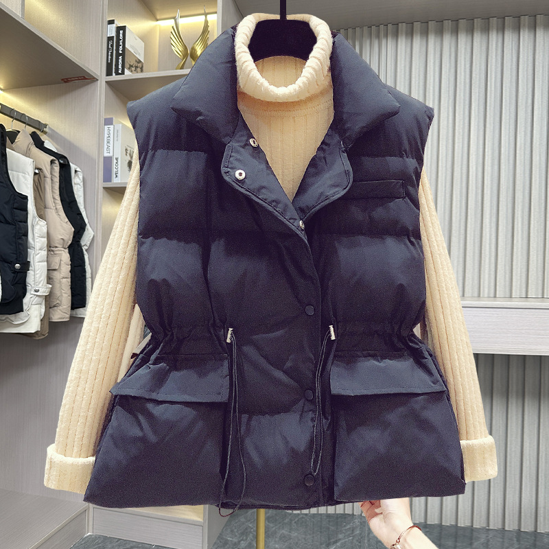 Chaleco de chaleco de cuello de soporte de estilo coreano para mujer 2023 otoño e invierno chaleco con cordón cálido y suelto chaleco superior