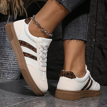 跨境外贸复古德训鞋女新款系带拼色圆头豹纹撞色平底休闲板鞋批发