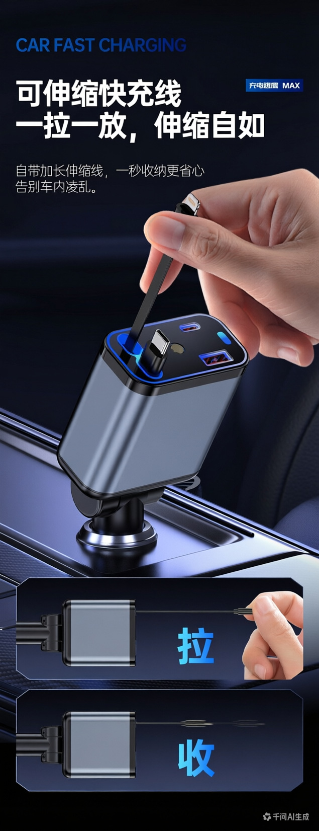 Starry Sky Light Car Charger 120W Digital Display 4-in-1 Retractable Cable Car Charger Aluminum Alloy Fast Charging Flash Charging