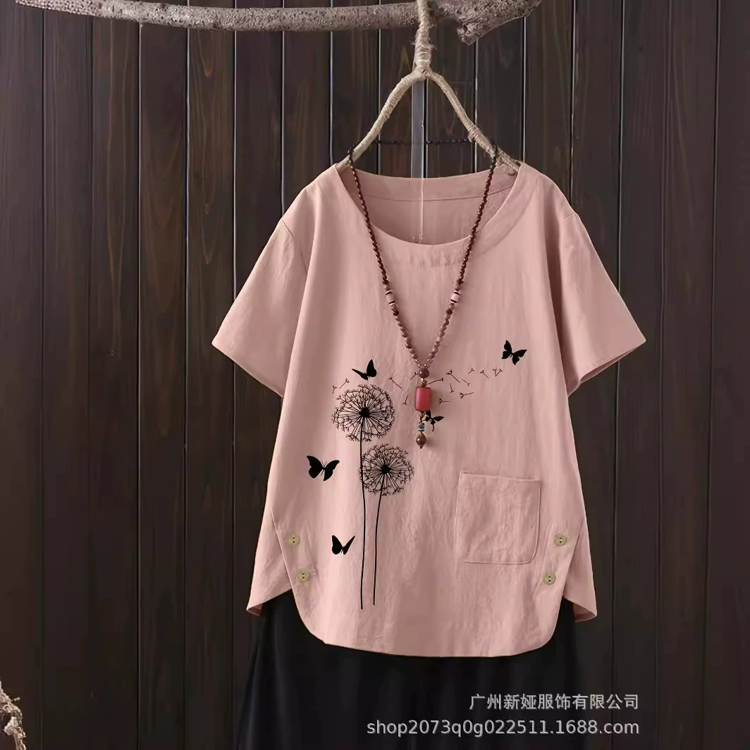 Летняя новая модель большого размера повседневная свободная хлопчатобумажная и льняная печать с короткими рукавами футболка ватная и льна женская одежда