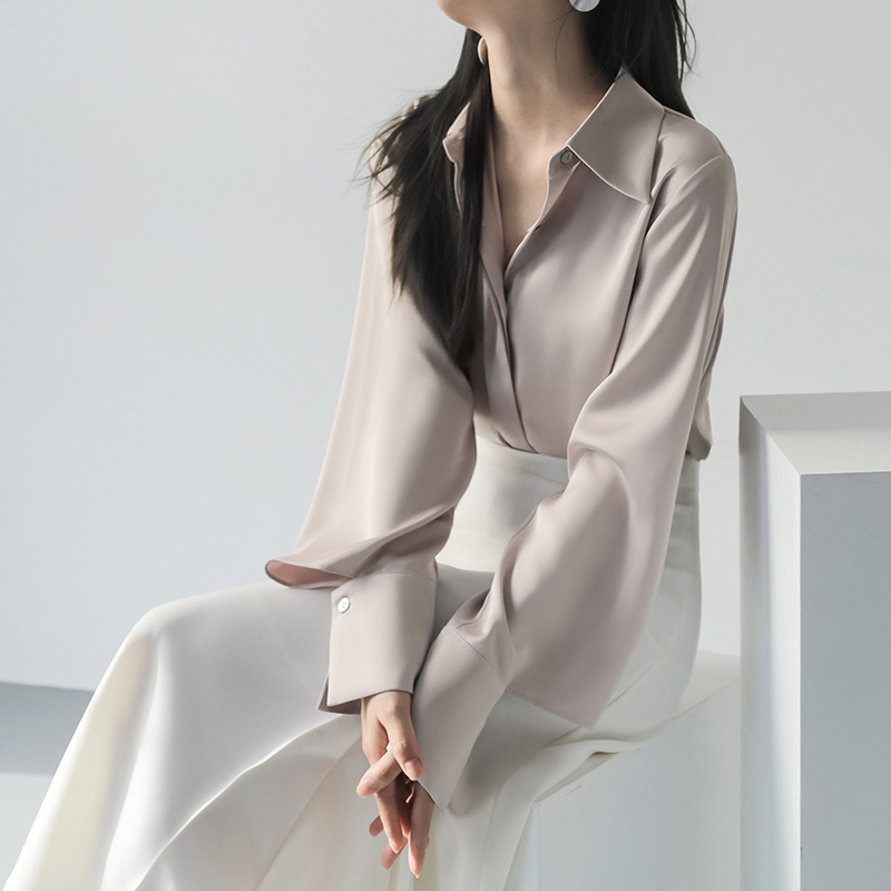 MZONXO Acetic Acid Texture Long Sleeve Shirt Women's 2022 Autumn New Design Sense Cuff Profile Elegant Shirt