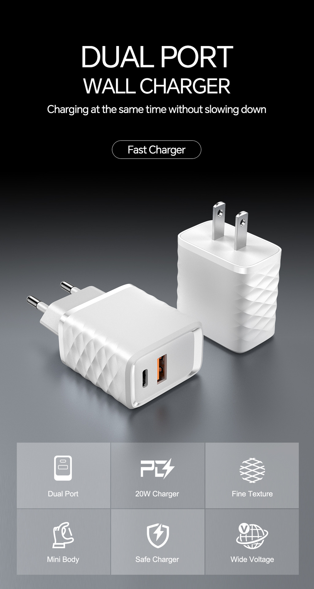20W Dual Port USB-C Fast Charger – PD/QC 3.0 Compatible With IPhone & Android Phones_voghion.com
