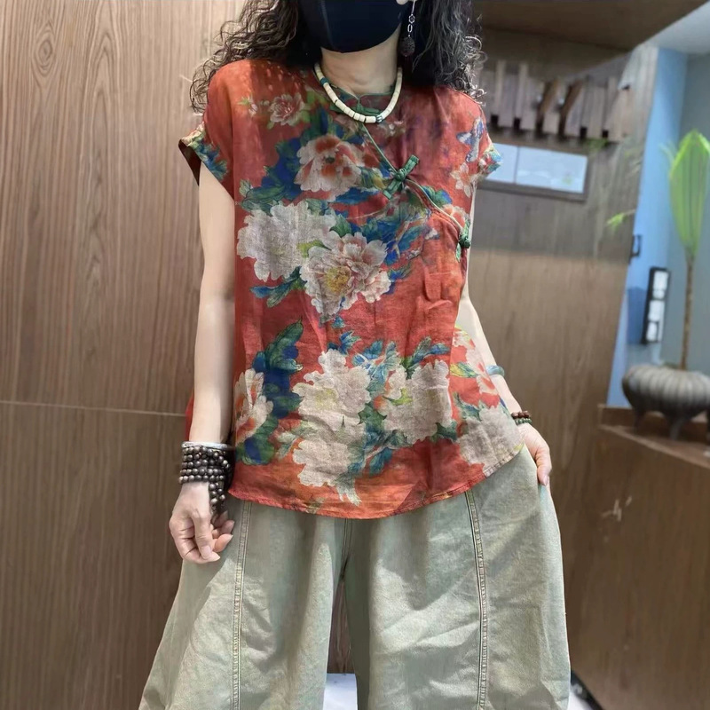 2026 Summer New Style Retro Floral Print Distressed Ramie Shirt Loose Round Neck Pullover Top for Women