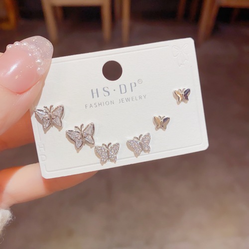 Cute, sweet, compact, smart and sparkling butterfly earrings three-piece set s925 silver needle summer new earrings