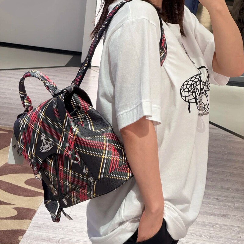 Empress Saturn Plaid Backpack for Women, Large Capacity, High-End Feel, England Retro Colorful Checkered School Bag Trend