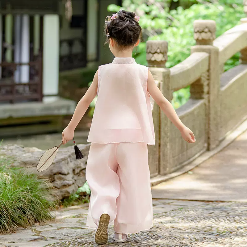 童装夏款新款古风汉服唐装表演生活改良版无袖上衣加裤子两件套