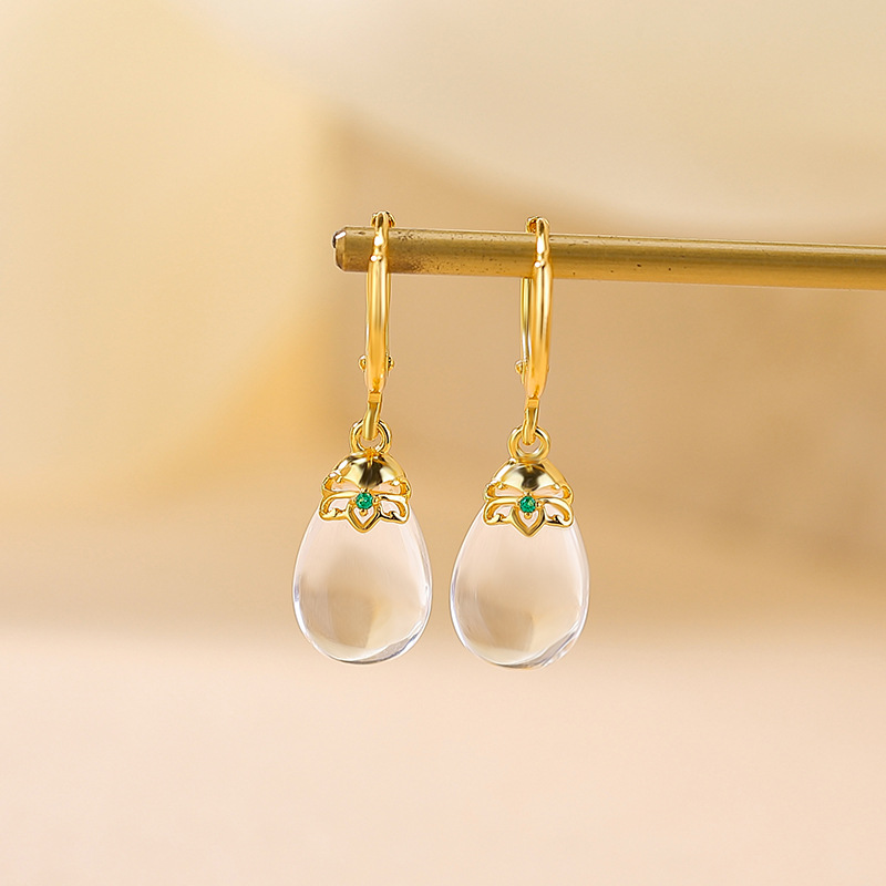 Bông tai bạc S925 đính pha lê tự nhiên giọt nước phẳng phong cách retro — Mẫu kẹp tai