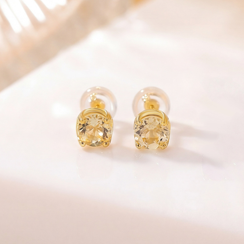 Bông tai bạc S925 mạ vàng đính đá tím và đá vàng cắt giác, kiểu dáng đơn giản cá tính — Vàng pha lê