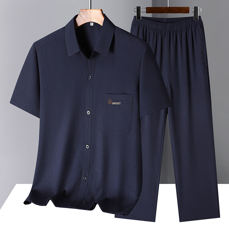 Men's Middle-Aged and Elderly Short-Sleeved Ice Silk Shirts Summer Middle-Aged Shirts Dad Loose Summer Clothes Grandpa Suit Clothes