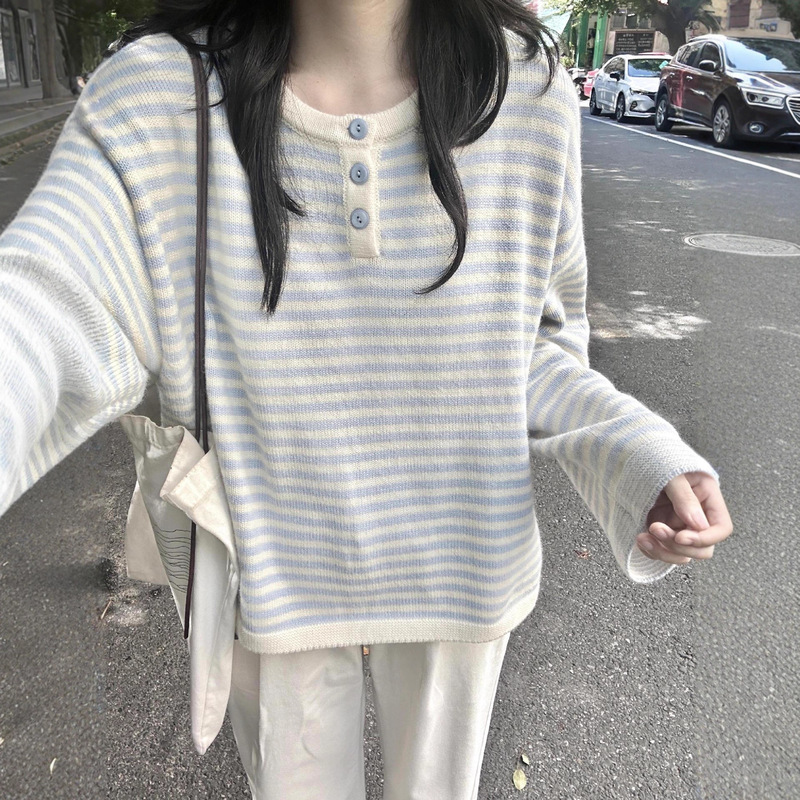 2025新款慵懒感蓝色条纹撞色针织衫上衣秋季穿搭宽松毛衣女早秋季|undefined