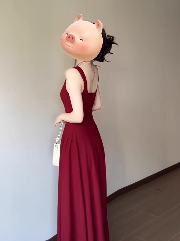亚马逊速卖通eBay独立站红色吊带连衣裙夏季法式方领无袖收腰长裙|undefined