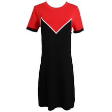 夏季新款女裝韓版圓領紅黑拼色修身套頭短袖通勤氣質針織連衣裙薄