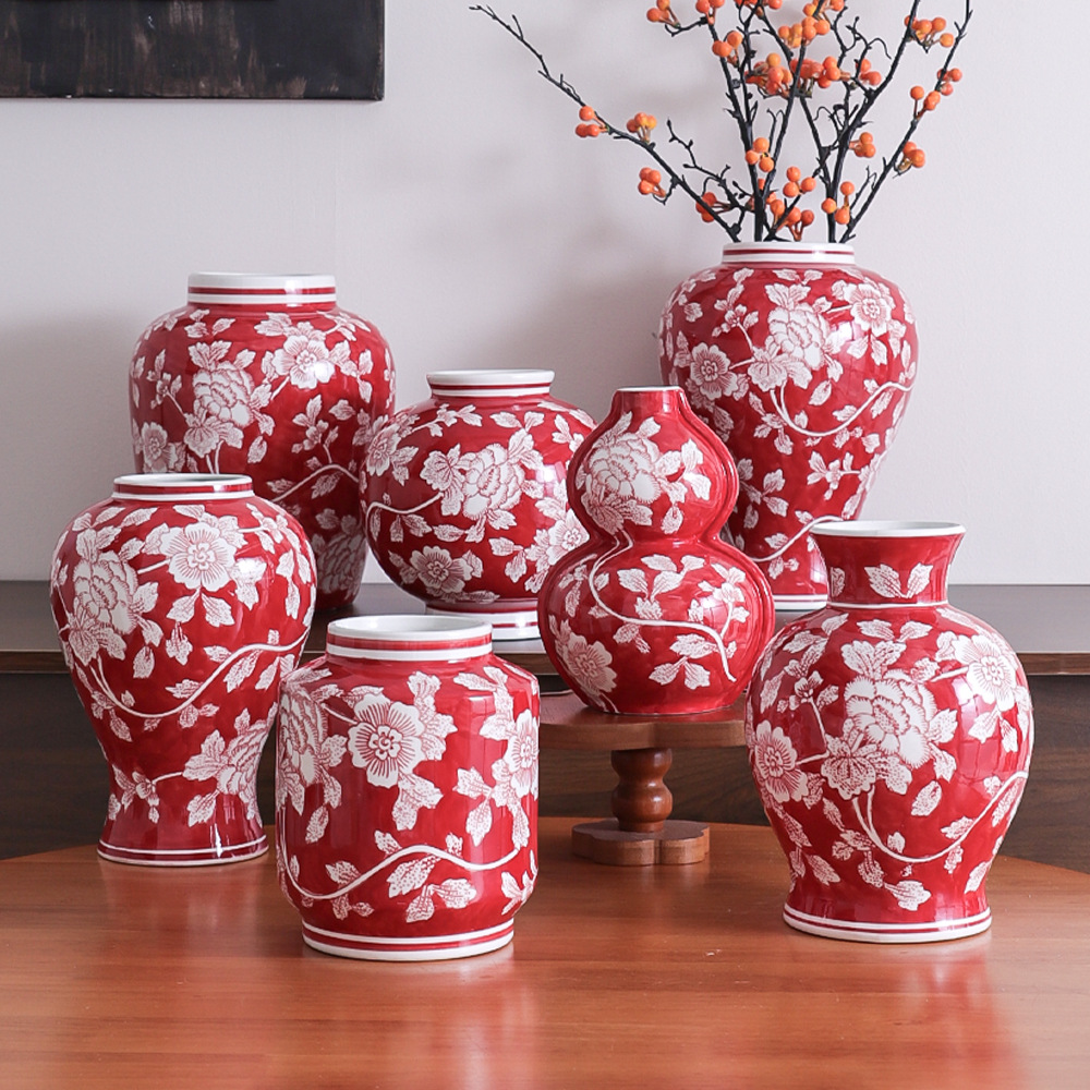 中古高级感陶瓷花瓶侘寂风复古青花瓷摆件红色中式宋代美学插花器