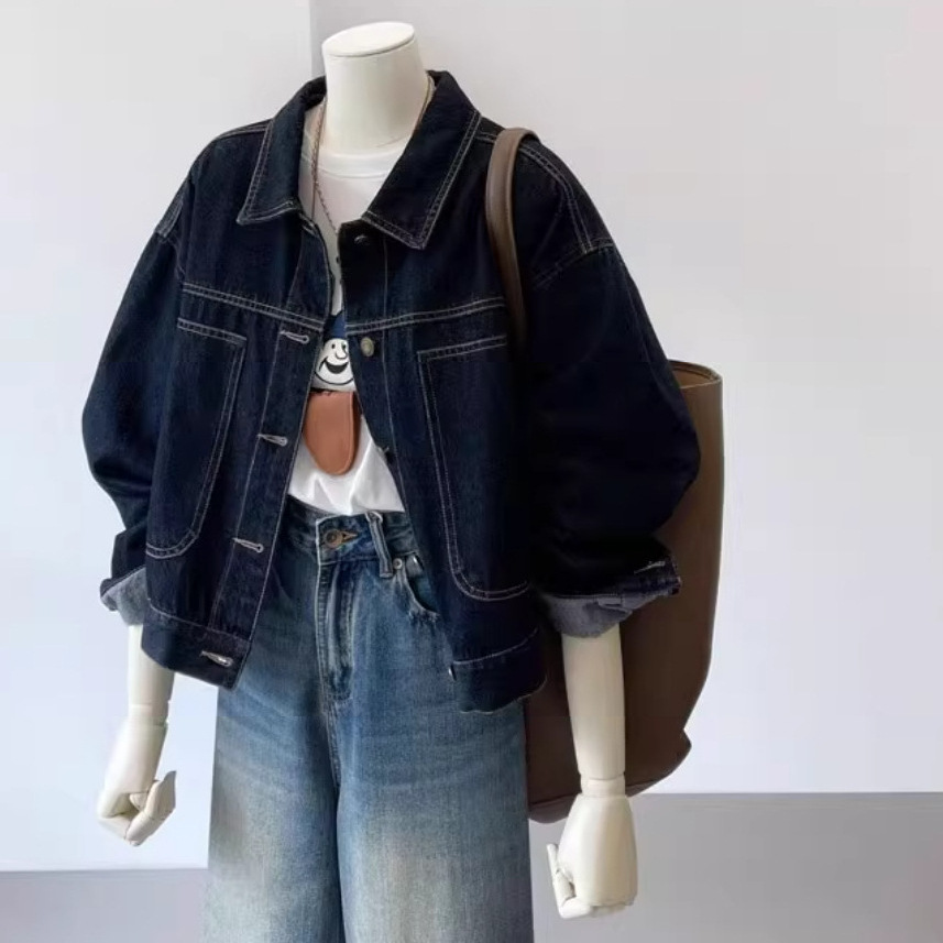 Dark Blue Retro Workwear Denim Jacket for Women, Spring and Autumn Casual Pocket Design, Petite Short Jacket for Women