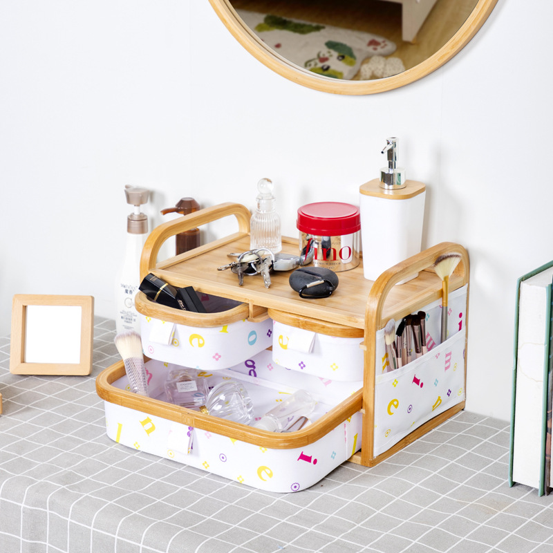 Estilo japonés tela de bambú de gran capacidad multifuncional caja de almacenamiento de cosméticos dormitorio escritorio cesta de almacenamiento de artículos diversos