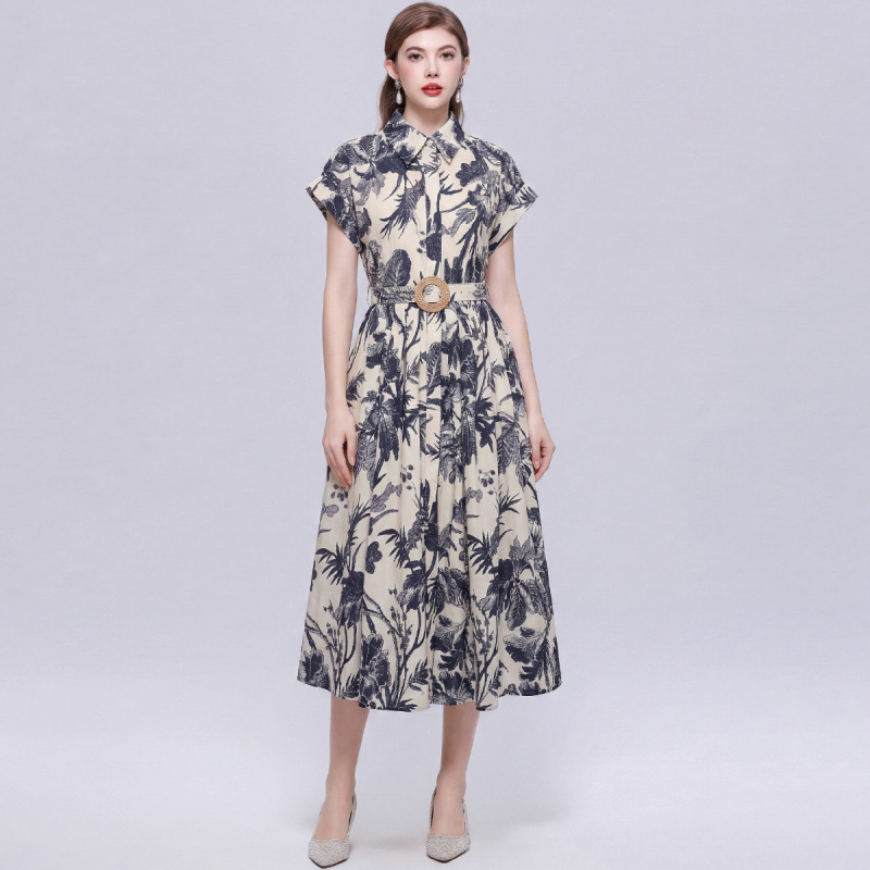 Elegant and stylish shirt-collar dress for women, waist-cinching, slimming, mid-length, casual printed dress with a belt Elegant and stylish shirt-collar dress for women, waist-cinching, slimming, mid-length, casual printed dress with a belt