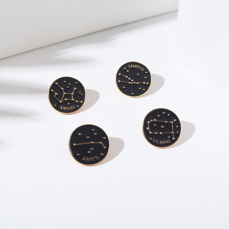 Fashion New Star Chart 12 Constellation Libra Aries Cartoon Black Round Drop Oil Metal Enamel Brooch display picture 3