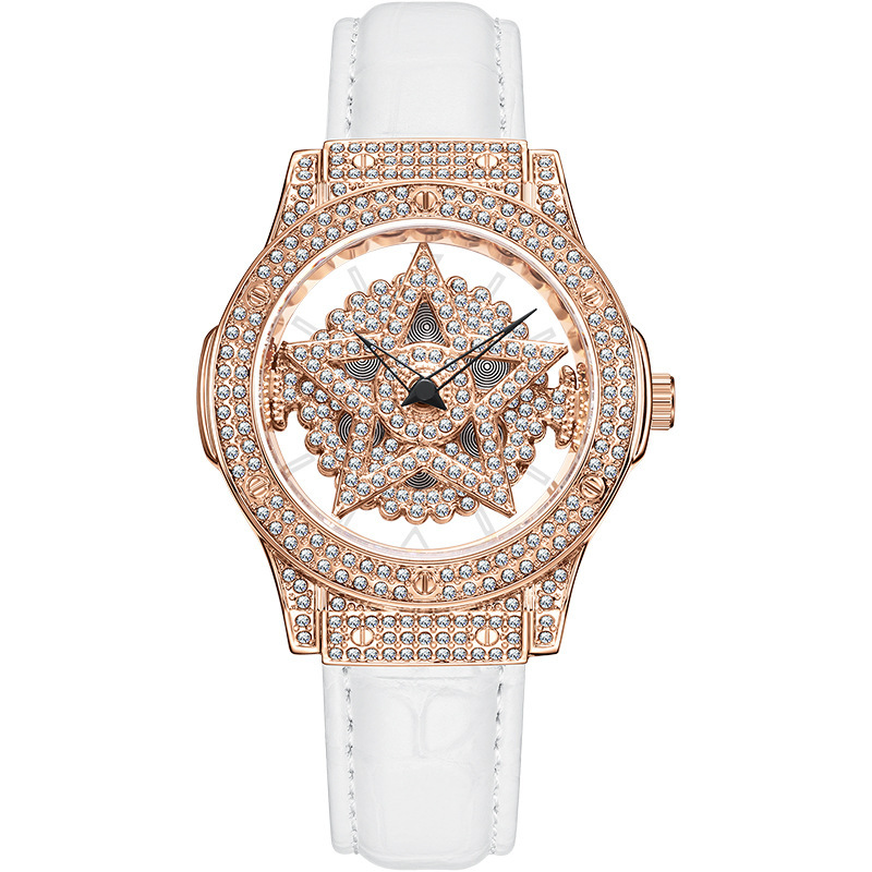 满钻轻奢镂空雪花时来运转五芒星手表玫瑰金 外贸新款大表盘手表