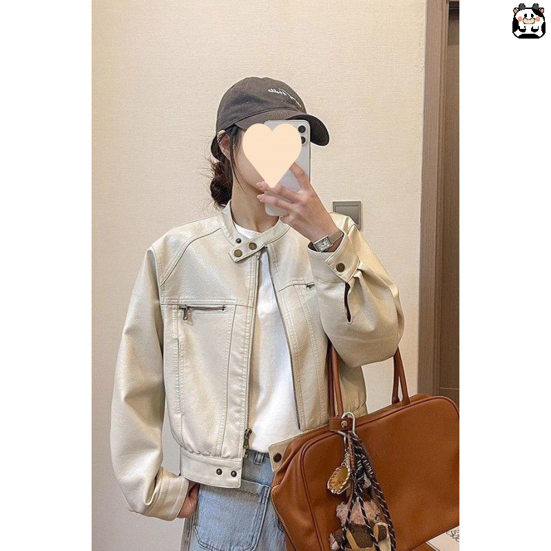 Off-White Leather Jacket for Women 2025 Spring and Summer Style Short Maillard Retro Stand-Up Collar Leather Jacket Top