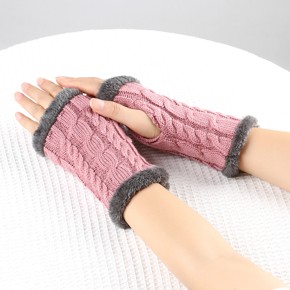 Men's Gloves New autumn and winter plush wool gloves twisted knitted fingerless plush sleeves cross border warm thick wool gloves_voghion.com