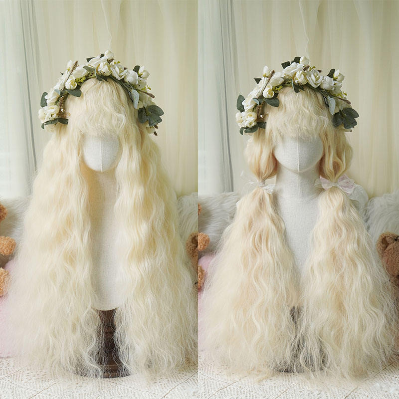 Water Wave Curly Wig with Curly Bangs, Natural Glue-Free High-Quality Synthetic Fiber Wig for Festival Cosplay