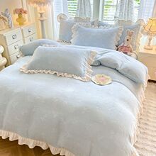 冬季小清新牛奶绒四件套花边双面法莱绒床单被套三件套珊瑚绒床品