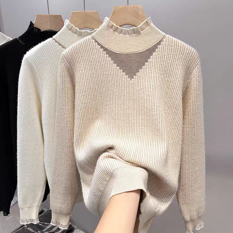 Women's Clothing Plush sweater thickened bottoming shirt ladies autumn and winter half high collar lace inner top sweater_voghion.com