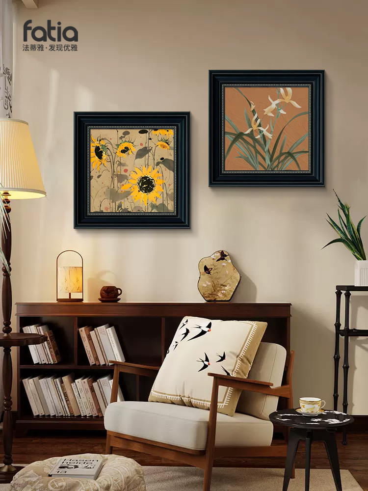 向日葵玄关装饰画中古风法式挂画植物花卉复古油画餐厅壁画感