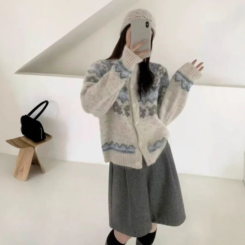 北欧复古费尔岛提花针织开衫女秋冬新款甜美宽松慵懒风毛衣外套厚|undefined