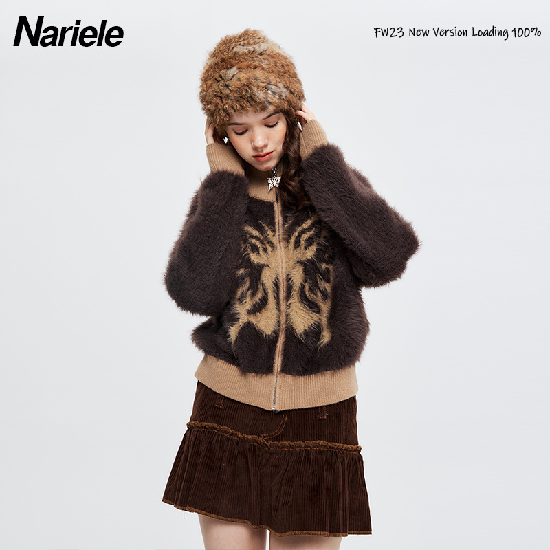 HeyHenry Maillard Mohair Cardigan Collo Alto Autunno/Inverno Farfalla Ricamo Cerniera Maglione Ragazza Spicy_voghion.com