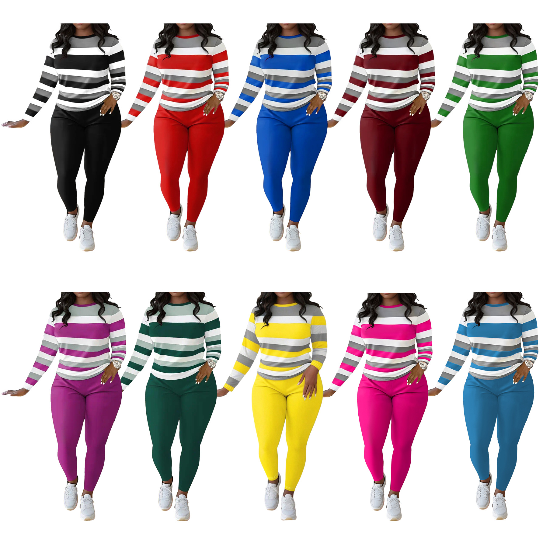 D9698 Amazon European and American Hot-Selling Women's Fashion Stylish Stripesd Positioning Printed Round Neck Long-Sleeved Pants Suit