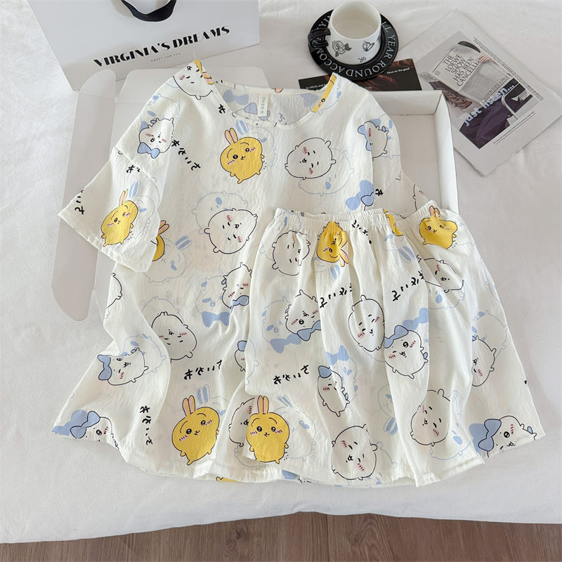 Transfronterizo al por mayor pijamas de algodón nubes de dibujos animados ropa de casa de mujer chaqueta manga corta pantalones cortos set set de cuello redondo set de dos piezas