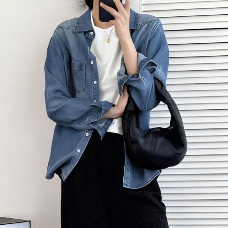 2026 Spring/Summer Fashion Retro High-Draped Long-Sleeve 100% Lyocell Tencel Denim Shirt for Women