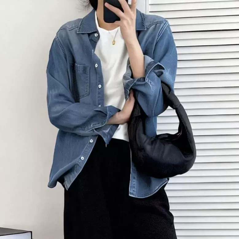 2026春夏时尚复古高垂度长袖1OO%莱赛尔天丝牛仔衬衫女