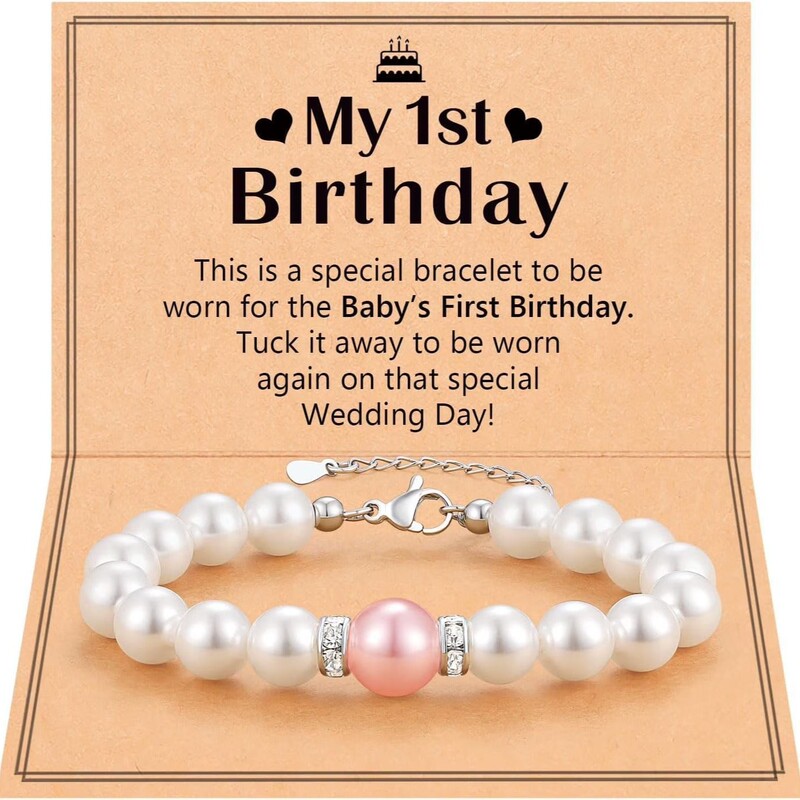 Diamond Ring Pearl Bracelet with Adjustable Chain, First Anniversary Gift, Children's Bracelet, Pink Pearl Birthday Bracelet