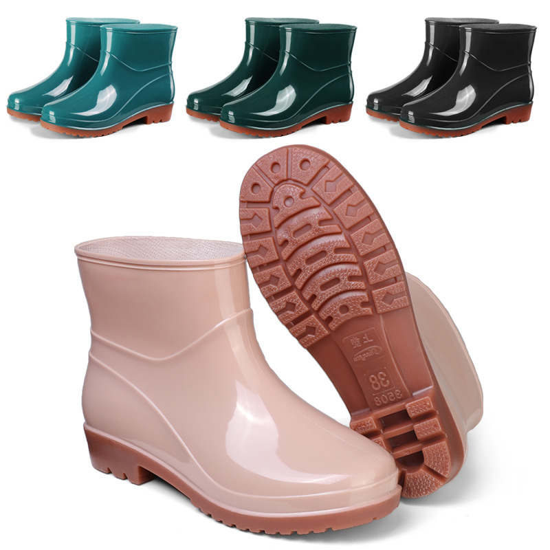 Shansu 3508 Short Rain Boots for Women, Low-Cut Pvc Rubber Thick-Soled, Fleece-Lined, Solid Color Work Shoes, Rain Boots