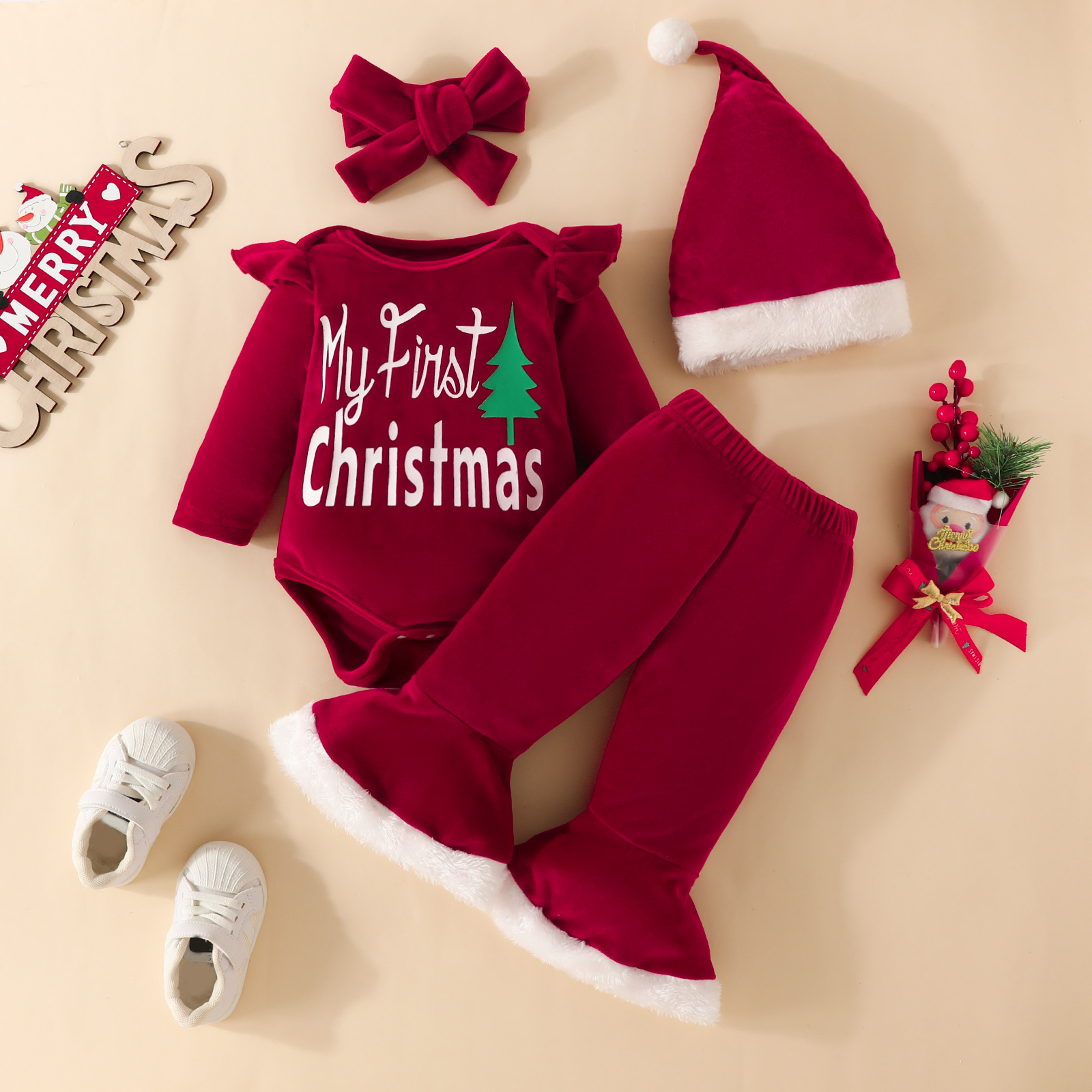 Cross-Border 4PCs Niño "Navidad" carta de impresión volando manga larga Top + pantalones acampanados + pañuelo + sombrero