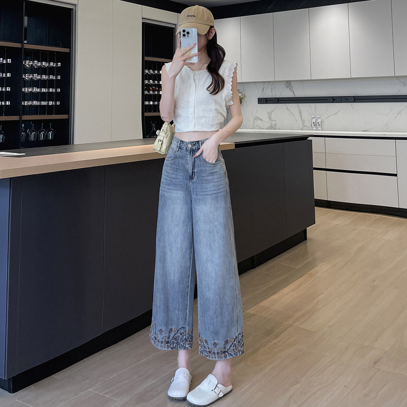 女性用刺繍レース9点ジーンズ2025夏薄手スリムで万能な小柄な人向けのゆったりストレートワイドレッグパンツ|undefined